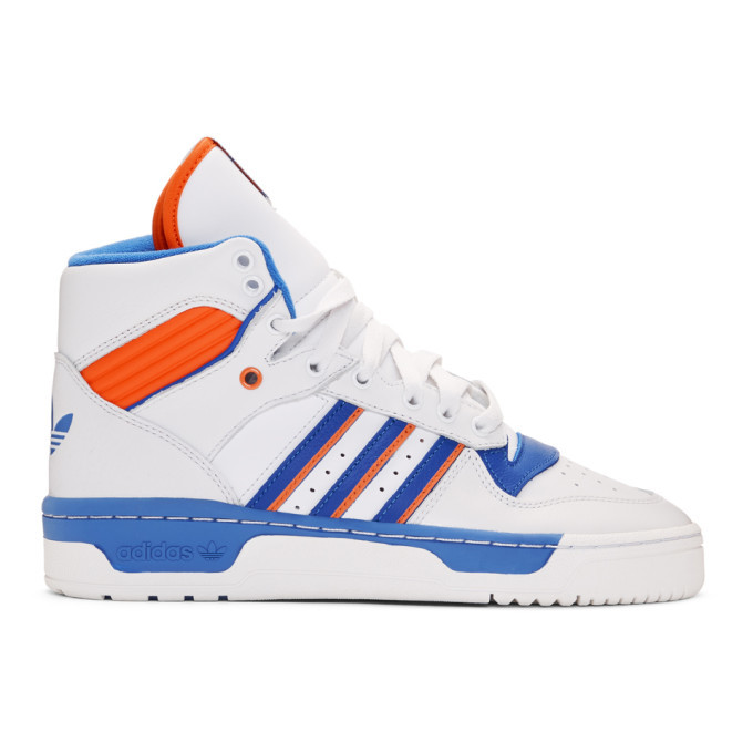 Photo: adidas Originals White and Blue Rivalry High-Top Sneakers