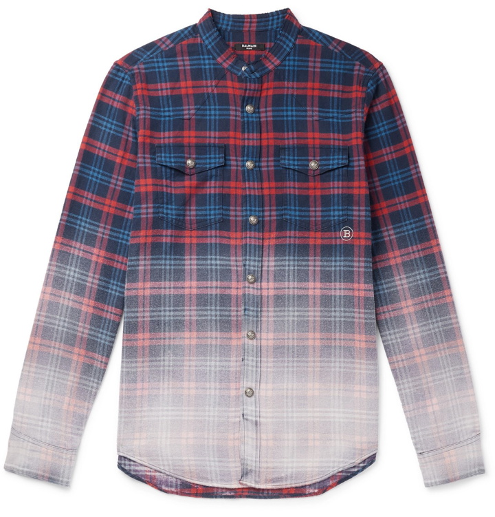 Photo: Balmain - Slim-Fit Grandad-Collar Dégradé Checked Cotton-Flannel Shirt - Multi