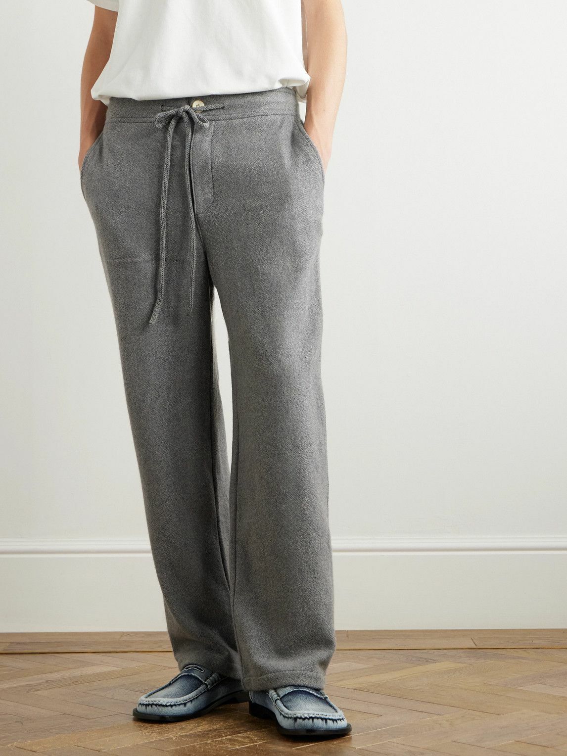 The Elder Statesman - Wide-Leg Cashmere Drawstring Trousers - Gray