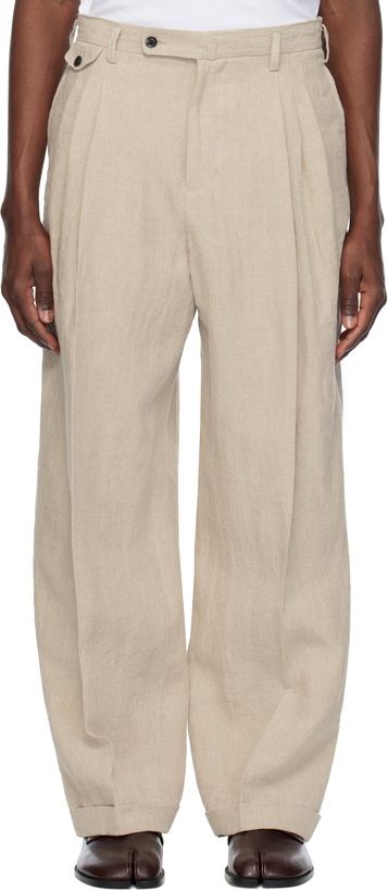 Photo: SOSHIOTSUKI Beige Linen Washer 3 Tuck Trousers