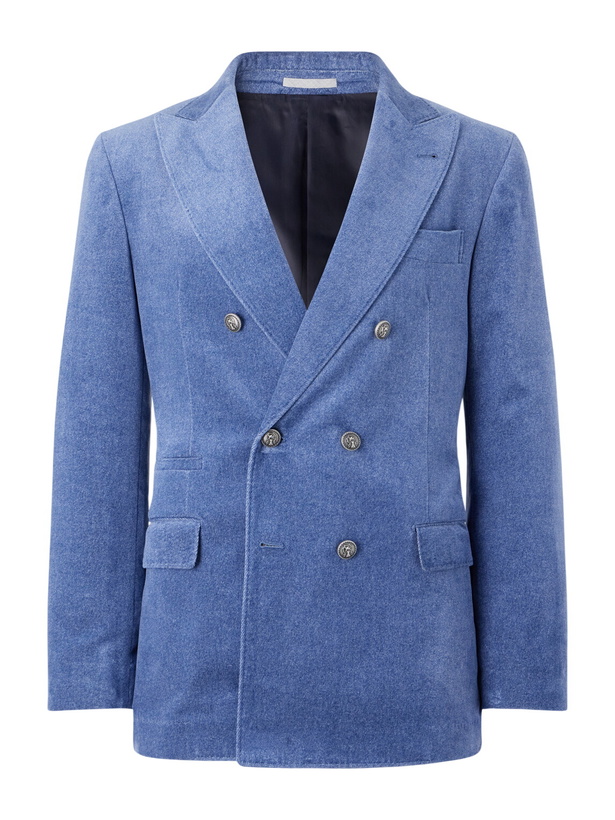 Photo: Brunello Cucinelli - Double-Breasted Cotton-Velvet Suit Jacket - Blue