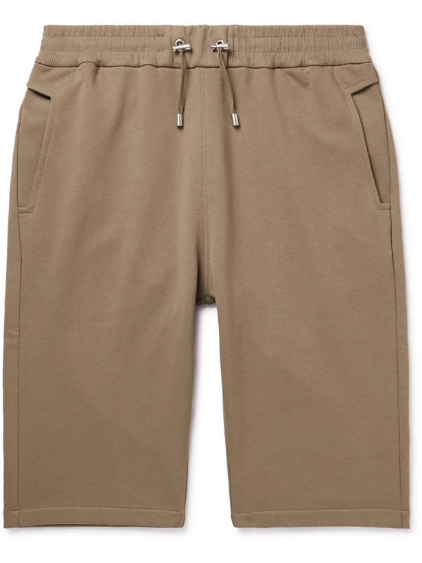 Photo: Balmain - Slim-Fit Logo-Flocked Cotton-Jersey Drawstring Shorts - Brown