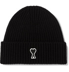 AMI - Logo-Appliquéd Ribbed Merino Wool Beanie - Black