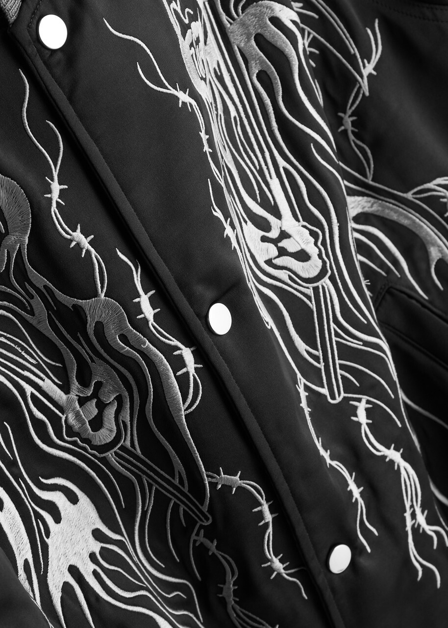 Warren Lotas Serenity Reaper Embroidered Satin Bomber Jacket Black