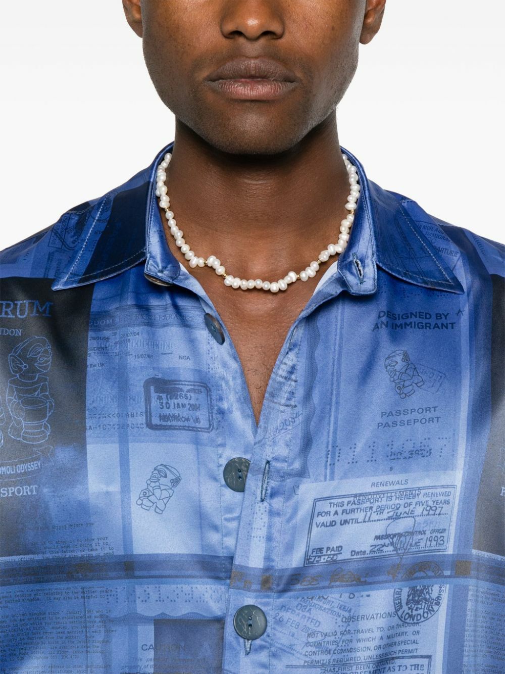 Labrum London Blue Passport-Print Satin Shirt