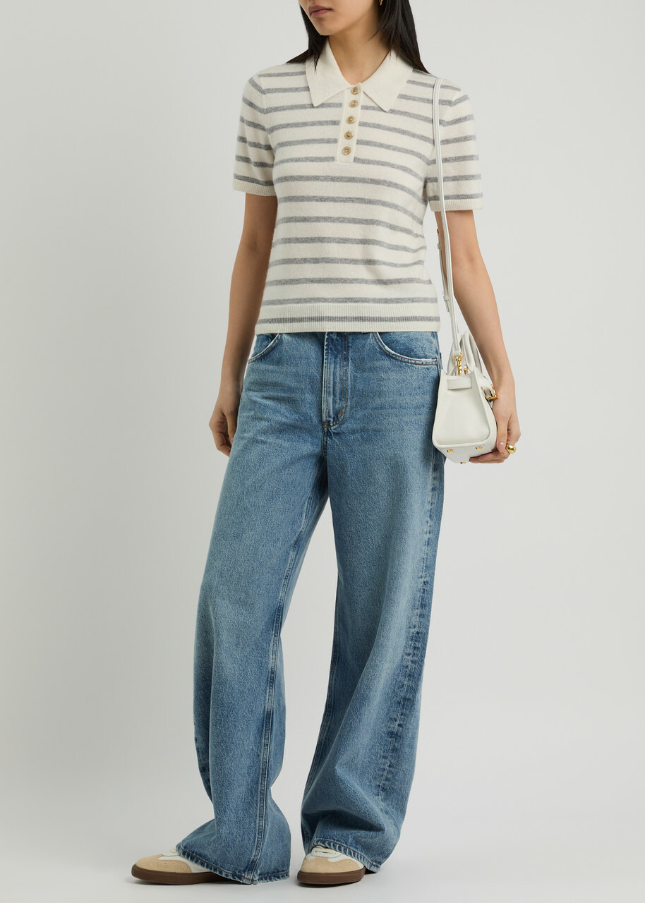 Veronica Beard Brandt Striped-intarsia Cashmere Polo Jumper Cream