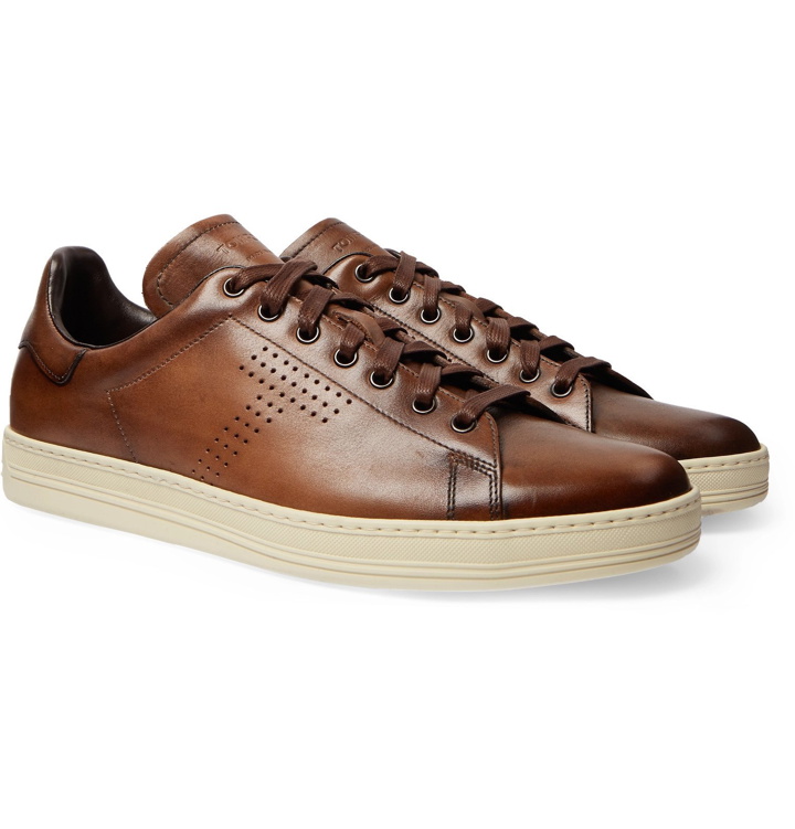 Photo: TOM FORD - Warwick Burnished-Leather Sneakers - Brown
