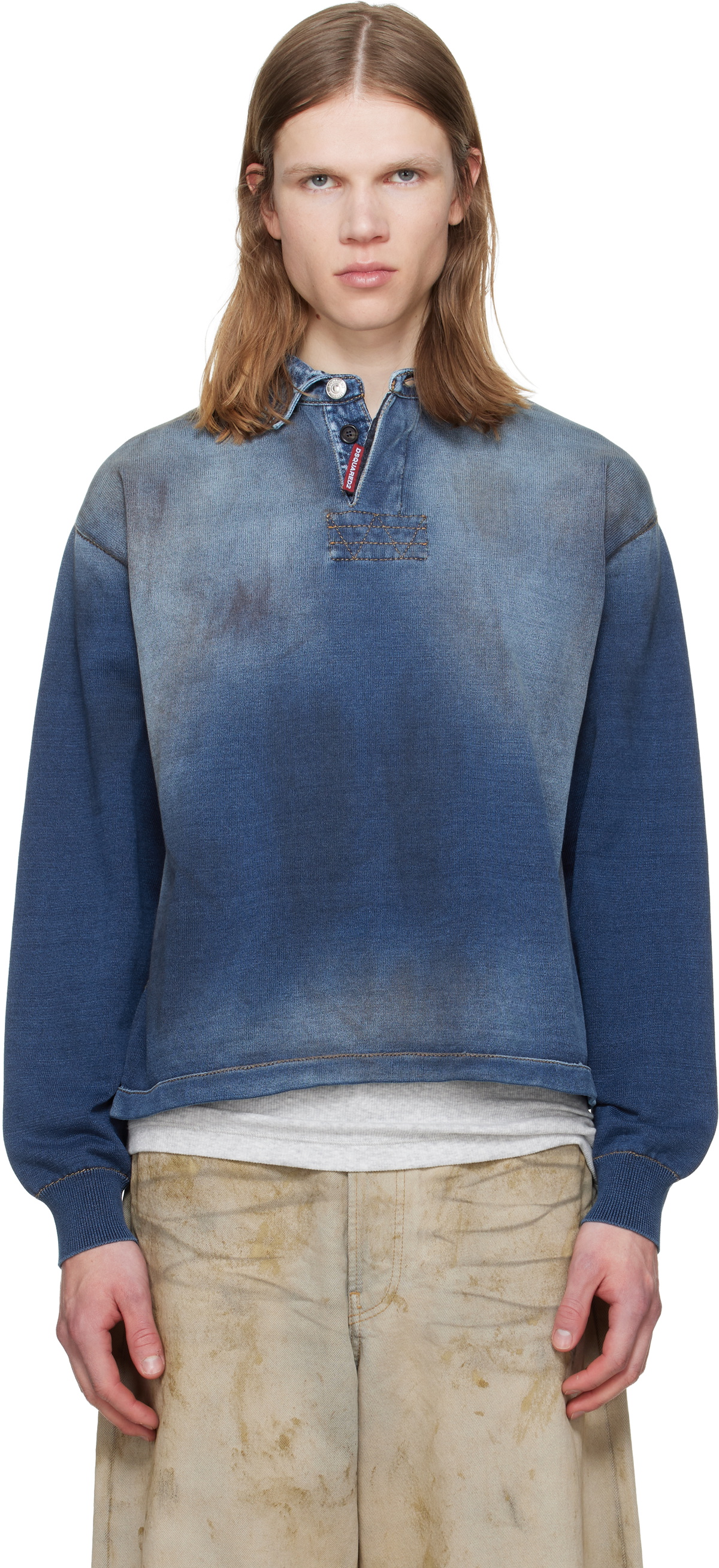 Dsquared2 Indigo Denim Effect Knit Long Sleeves Polo