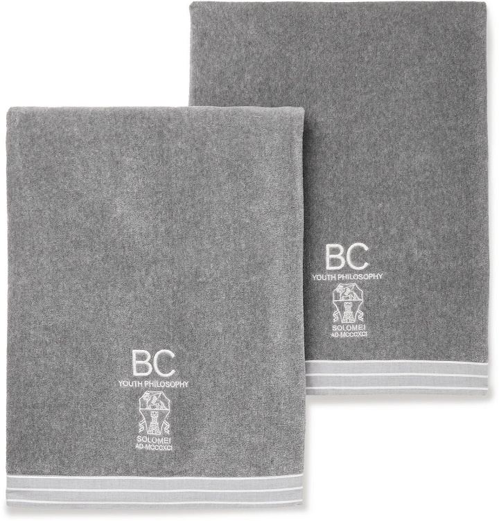 Photo: Brunello Cucinelli - Set of Two Logo-Embroidered Cotton-Terry Towels - Gray