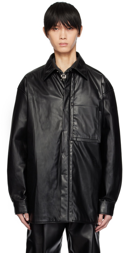 Photo: Wooyoungmi Black Patch Pocket Faux-Leather Shirt