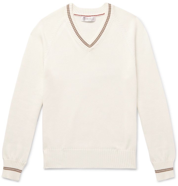 Photo: Brunello Cucinelli - Stripe-Trimmed Cotton Sweater - White