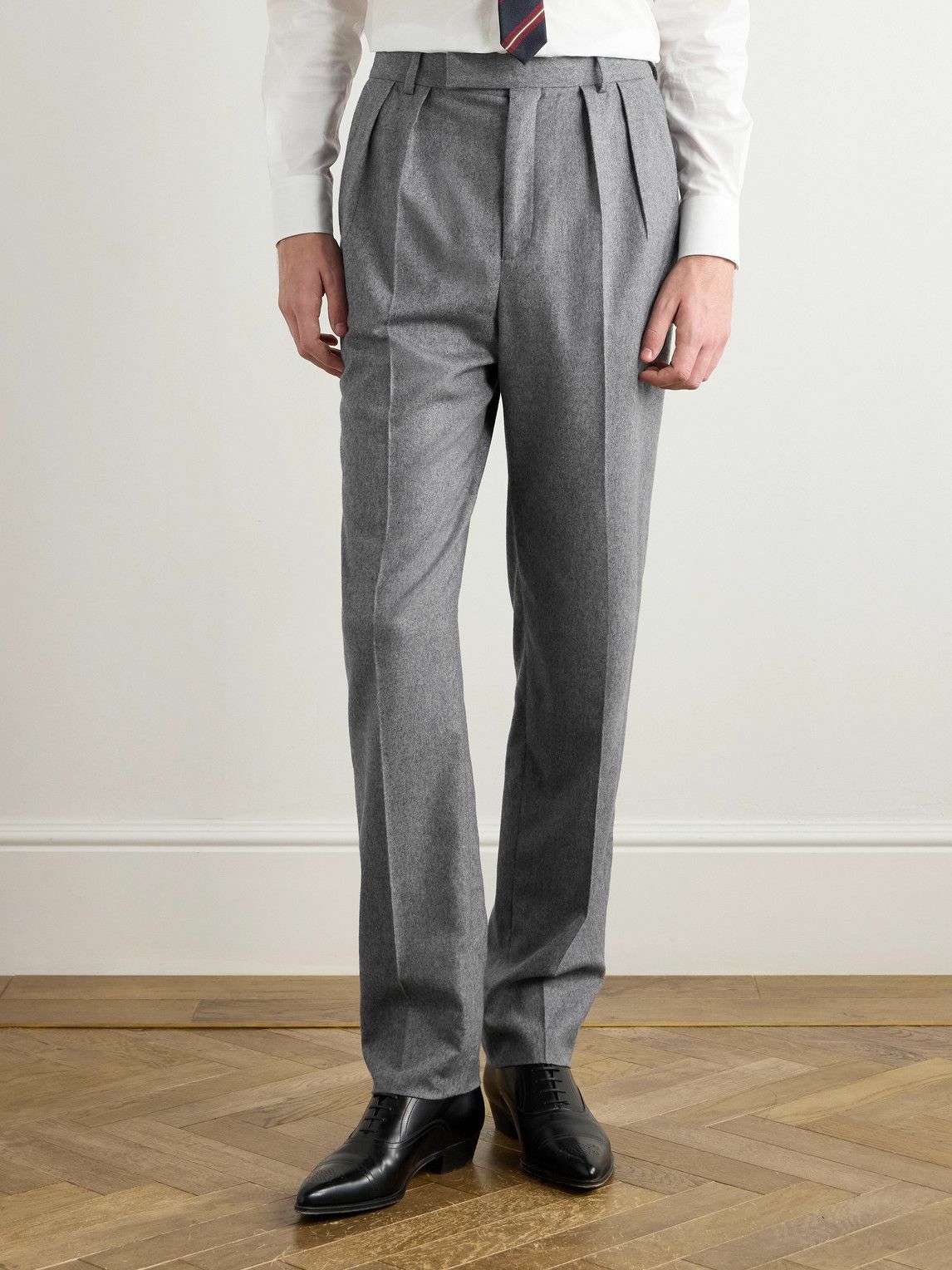 CELINE - Keith Tapered Pleated Cashmere-Flannel Trousers - Gray