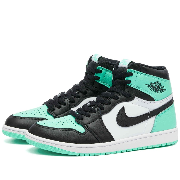 Photo: Air Jordan Men's 1 RETRO Hi-Top OG RMSTD Sneakers in White/Black/Green