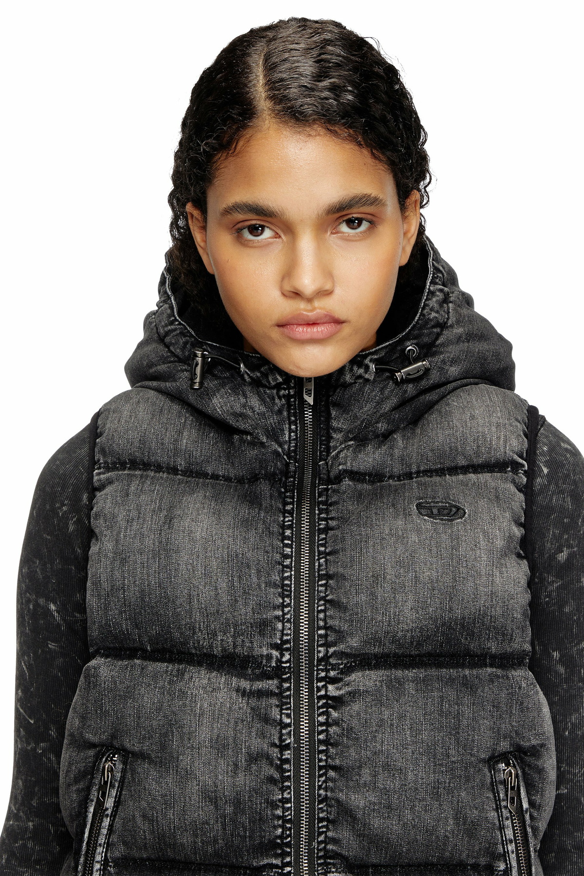 Diesel Hooded puffer vest in faded denim - Winter Jackets