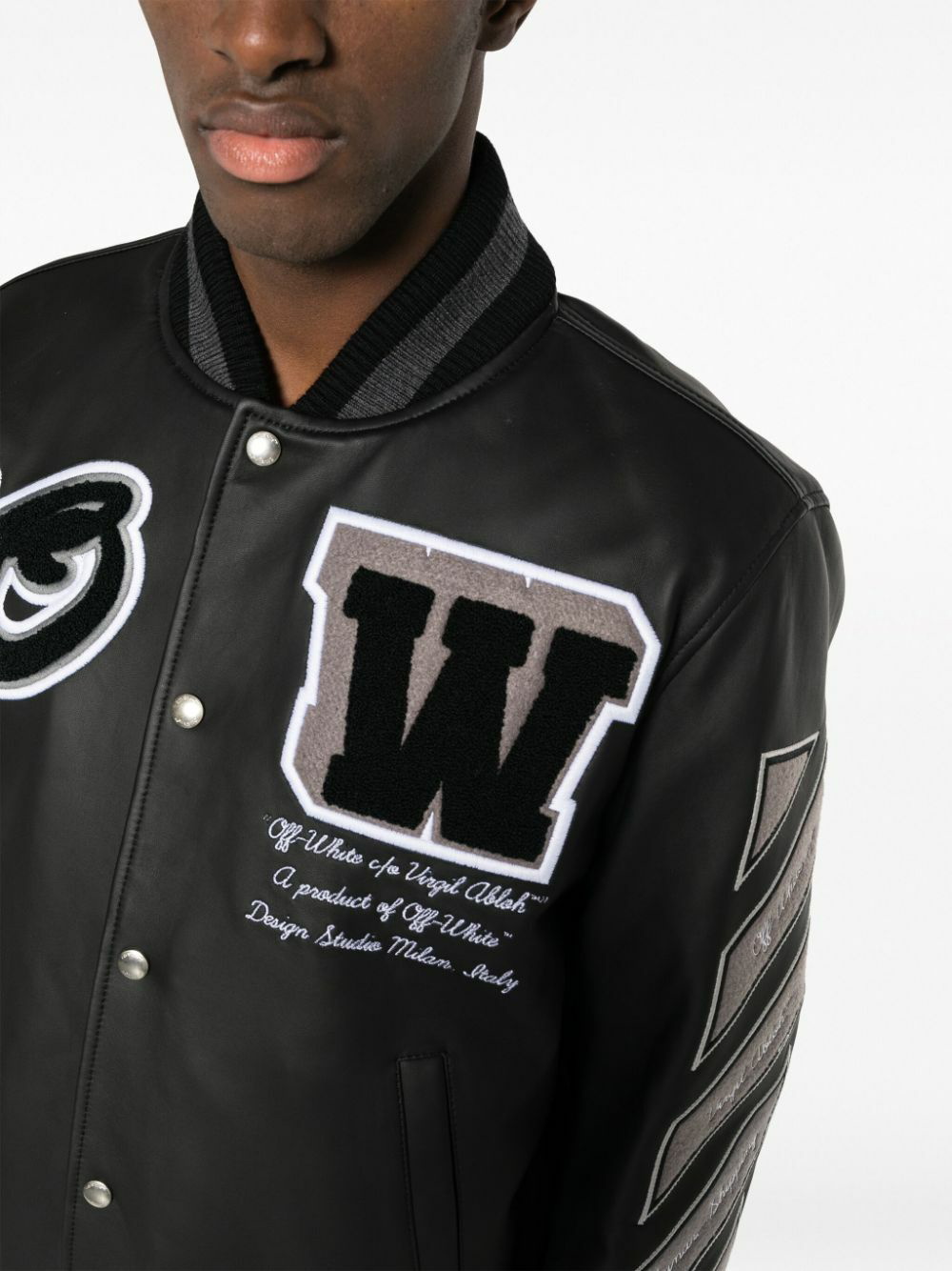 Off-White logo-appliqued varsity jacket - Black  Leather varsity jackets, Off  white varsity jacket, Varsity jacket