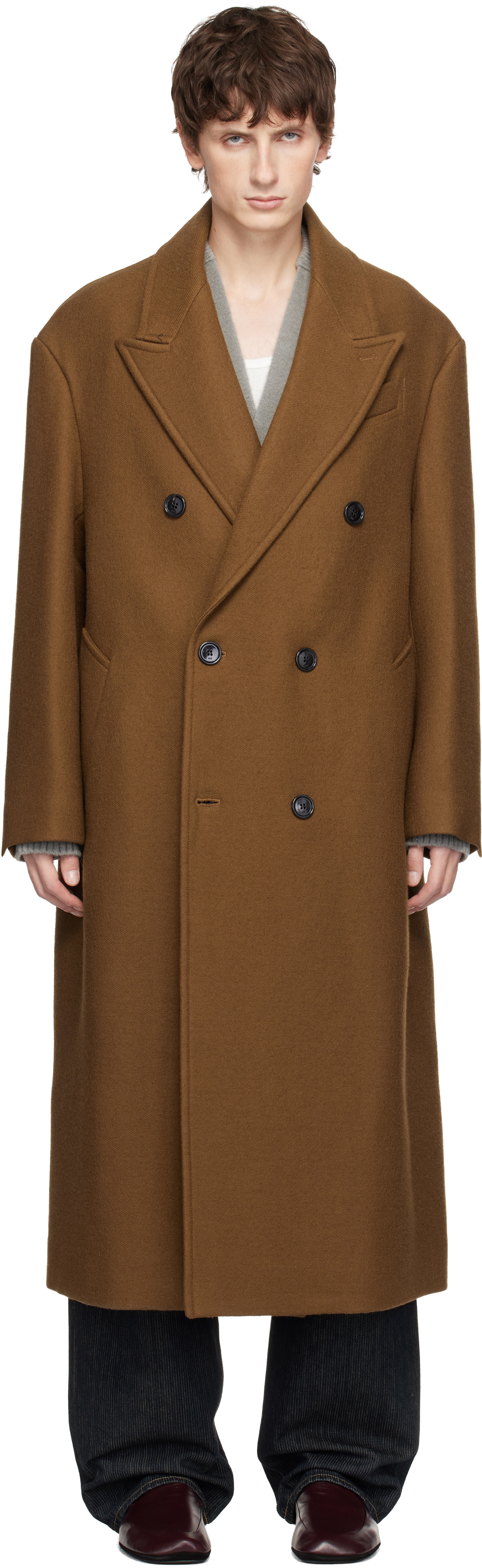 AMI Paris Brown Wool Double Breasted Long Coat