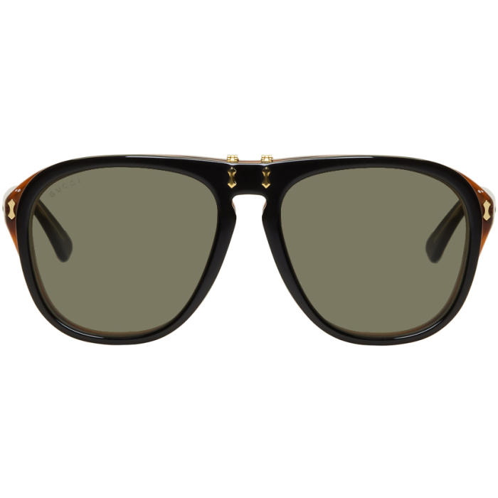 Photo: Gucci Black and Tortoiseshell Flip-Up Pilot Sunglasses