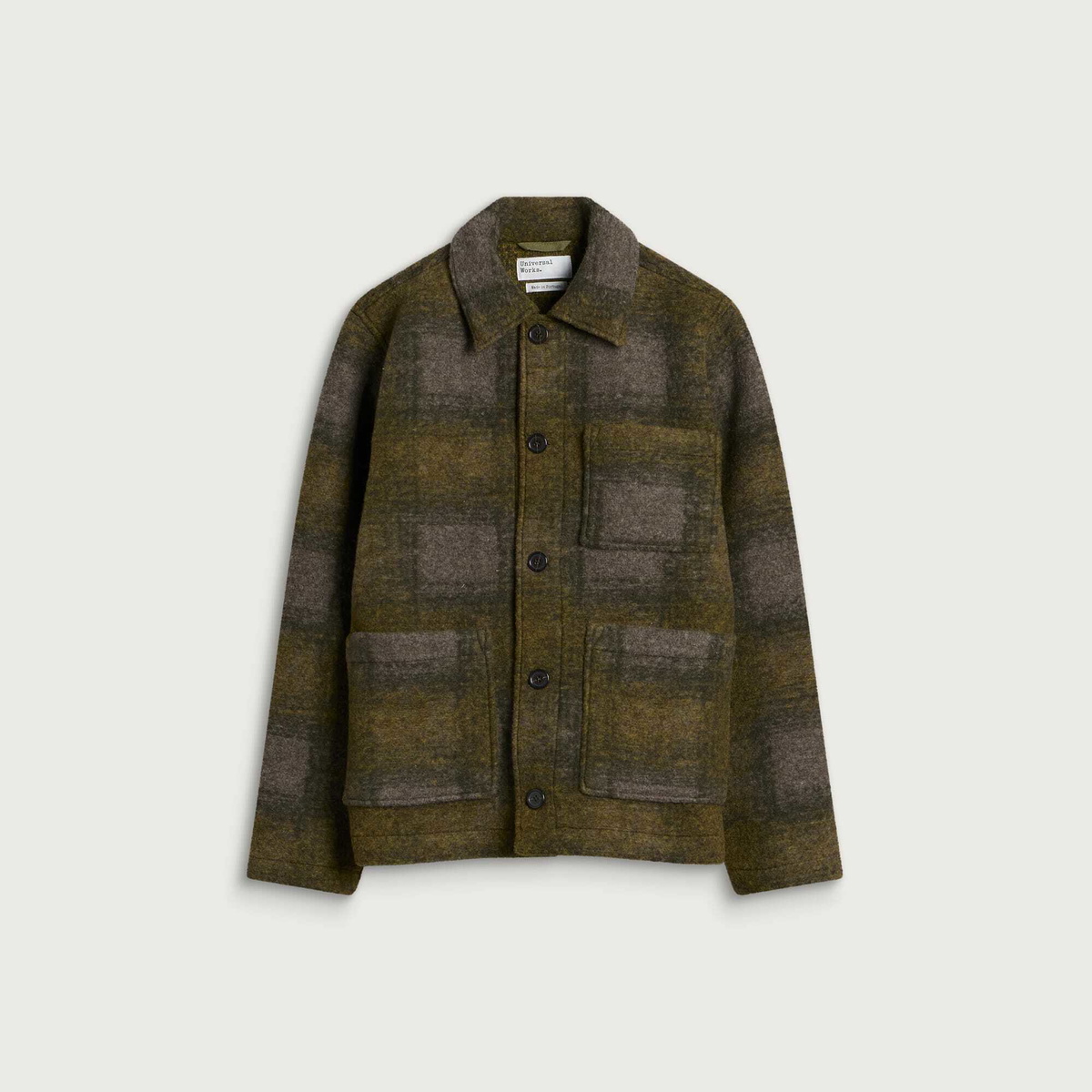 Universal Works Men's Techno Melton Check Tag Jacket in Olive