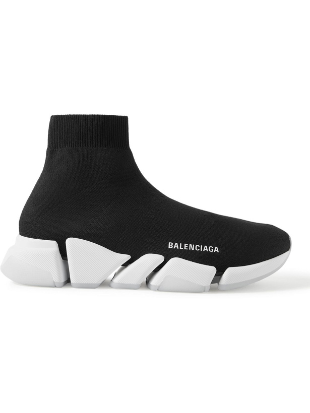 Photo: BALENCIAGA - Speed 2.0 Logo-Print Stretch-Knit Slip-On Sneakers - Black