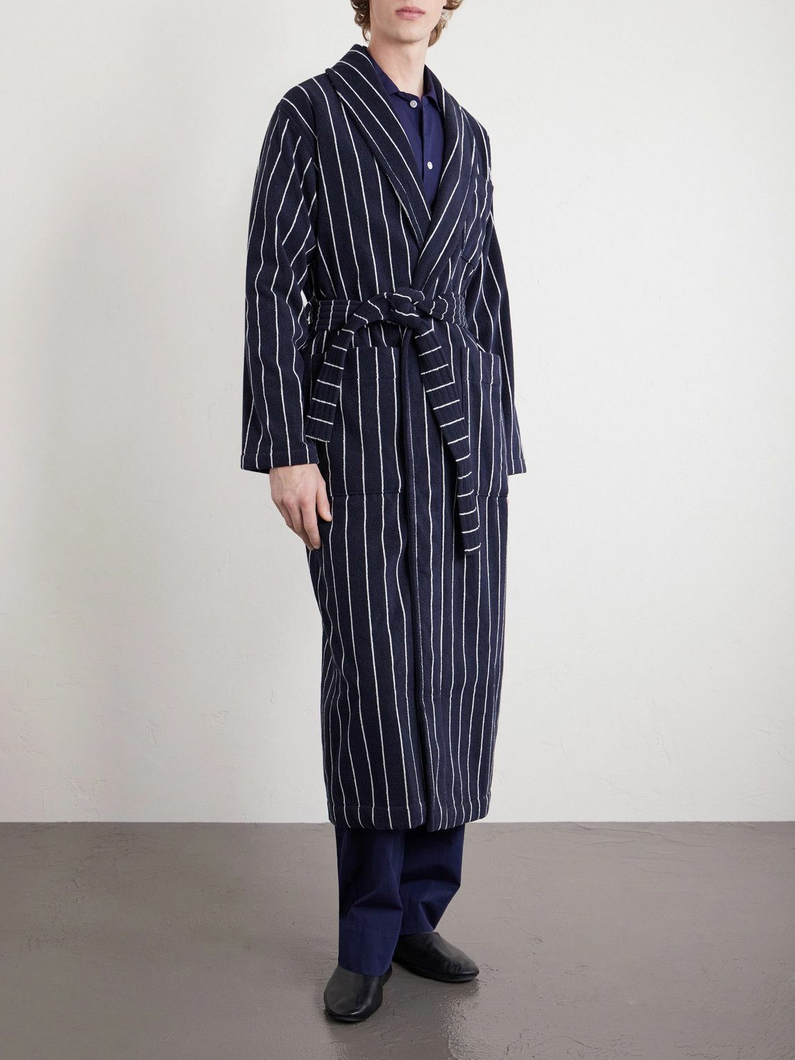 TEKLA - Belted Striped Organic Cotton-Terry Robe - Black