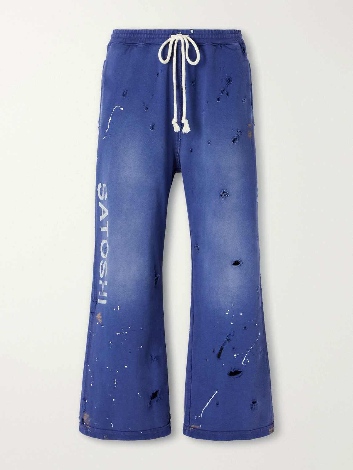Satoshi Nakamoto - Luke Logo-Printed Paint-Splattered Distressed Cotton-Jersey Drawstring Sweatpants - Blue