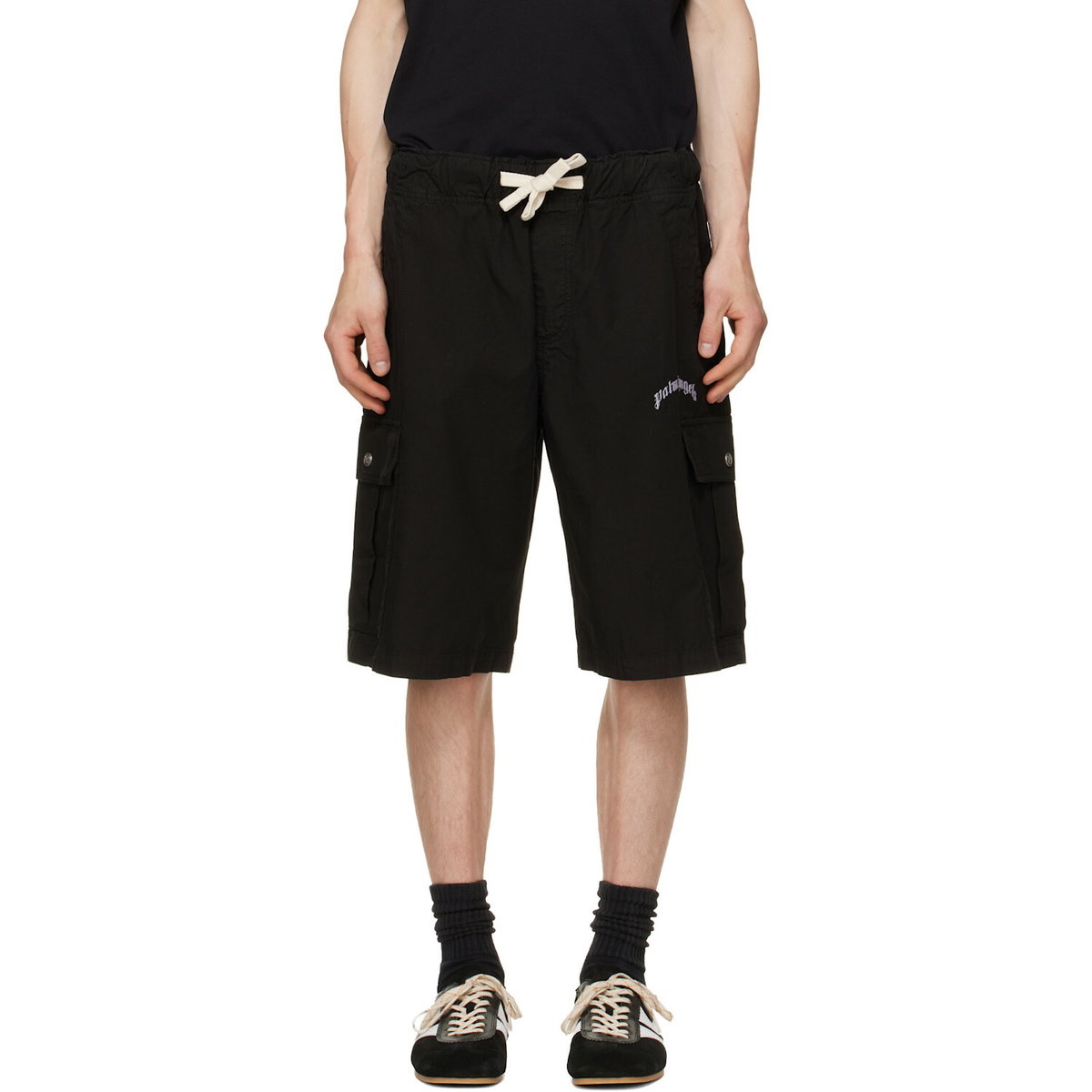 Palm Angels Black Curved Logo Loose Cargo Shorts