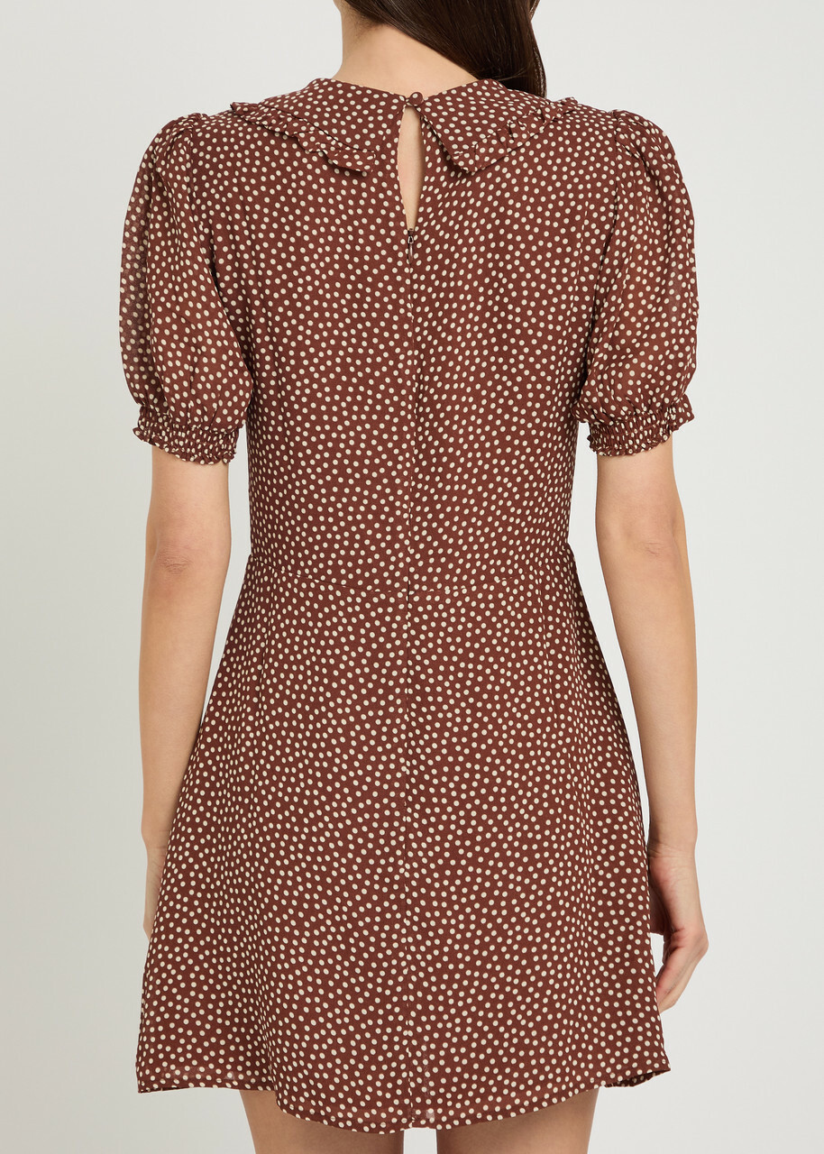 Reformation Kaylia Polka-dot Appliquéd Chiffon Mini Dress Brown