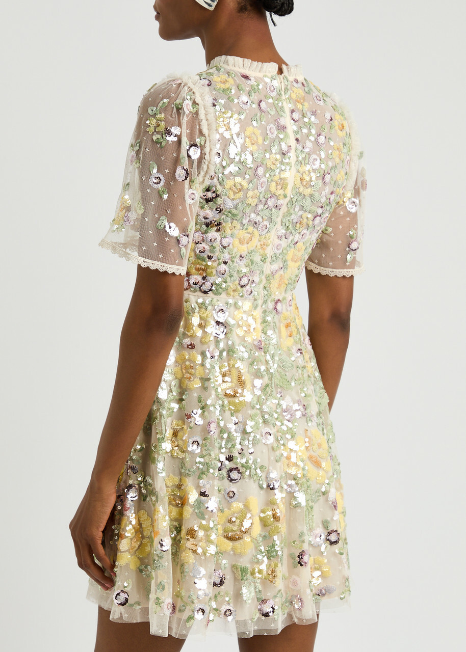 Needle & Thread Elina Rose Embellished Tulle Mini Dress Cream Needle &  Thread