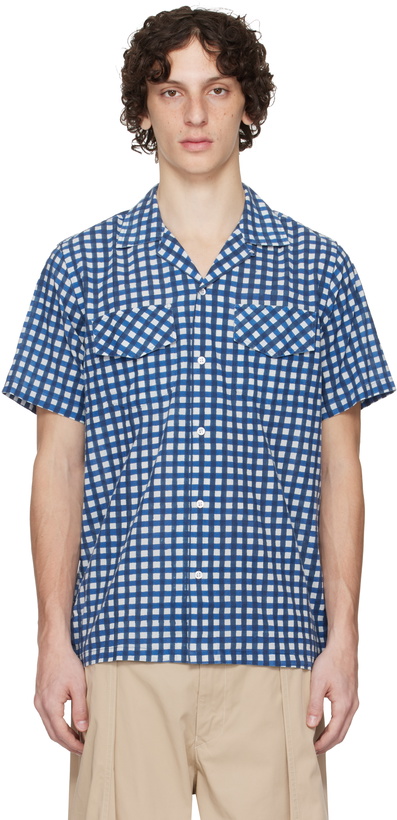 Photo: Drake's Blue Gingham Check Block Print Shirt