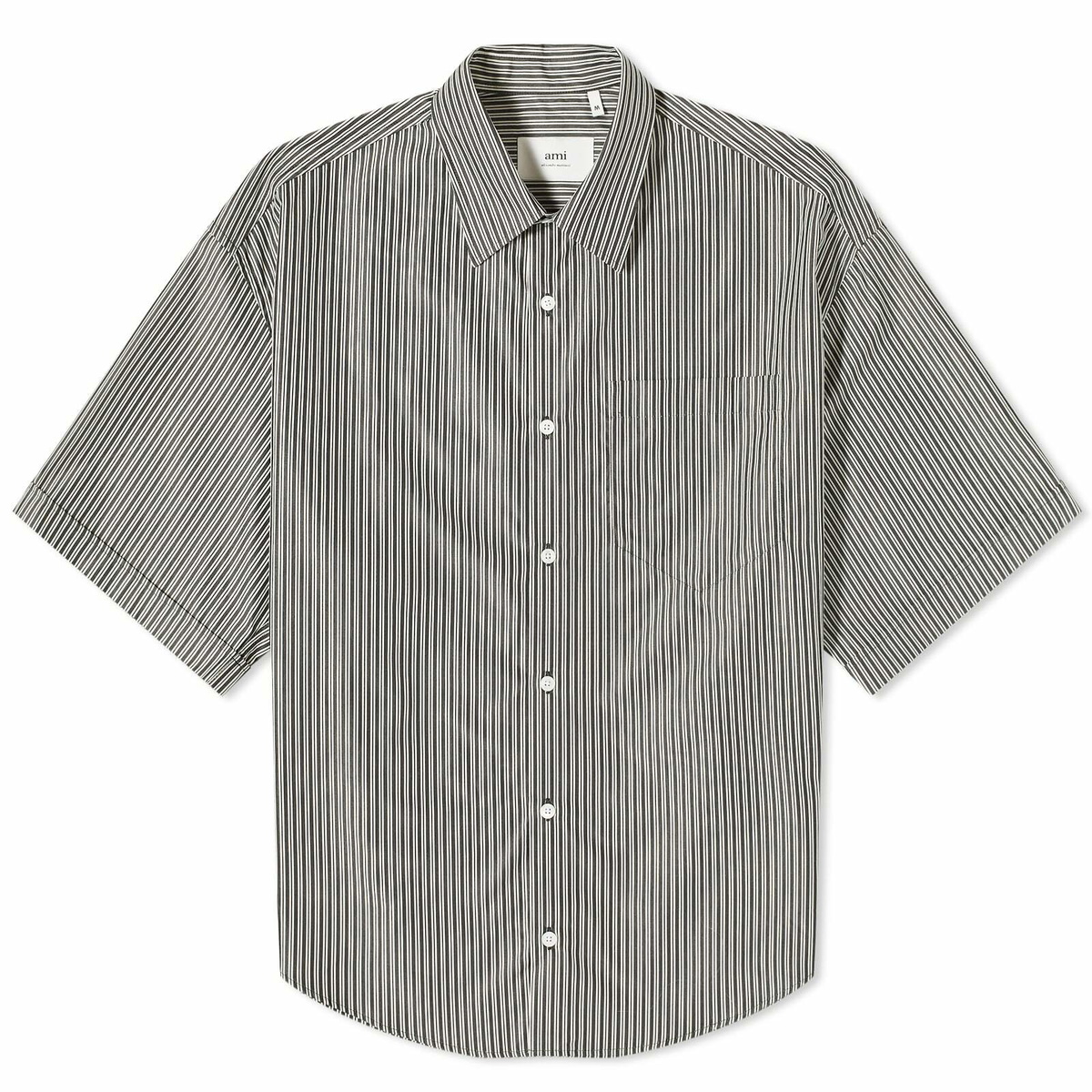 AMI Paris Men's Stripe Boxy Short Sleeve Shirt in Black/Chalk AMI