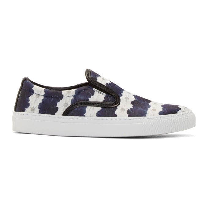 Photo: Mother of Pearl White and Navy Floral Stripe Achilles Slip-On Sneakers