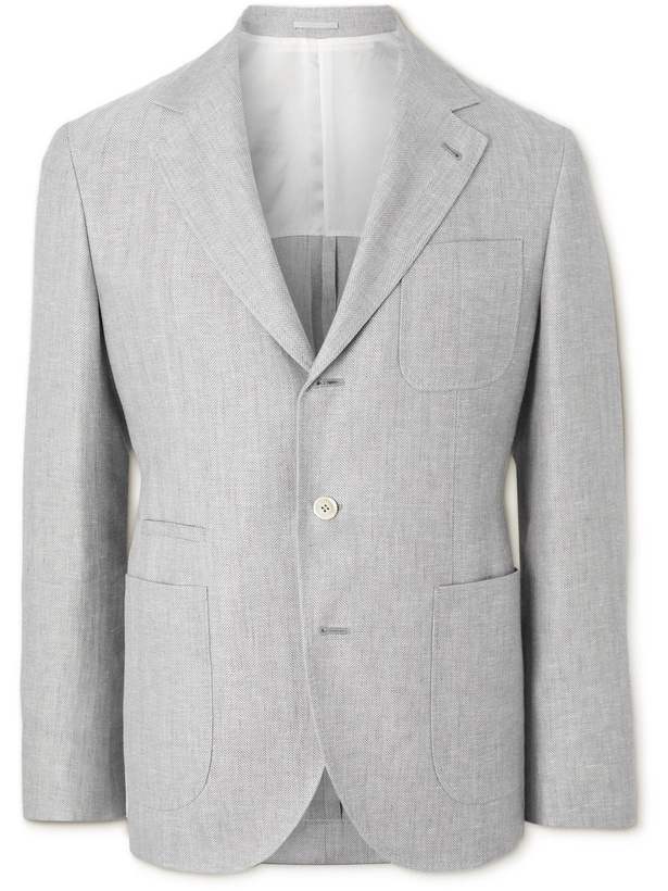 Photo: Brunello Cucinelli - Unstructured Herringbone Linen, Wool and Silk-Blend Blazer - Gray