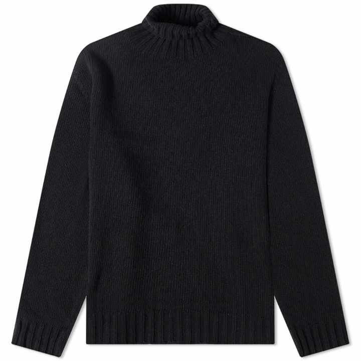 Photo: Palm Angels Men's Curved Logo Roll Neck Knit in Black/White