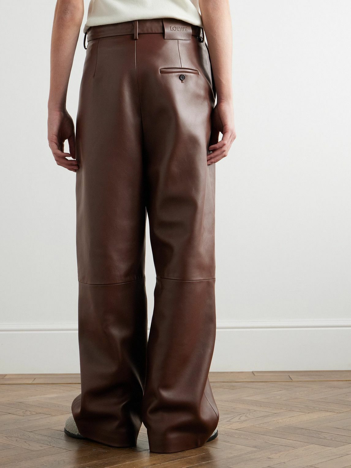 LOEWE - Straight-Leg Pleated Leather Tousers - Brown