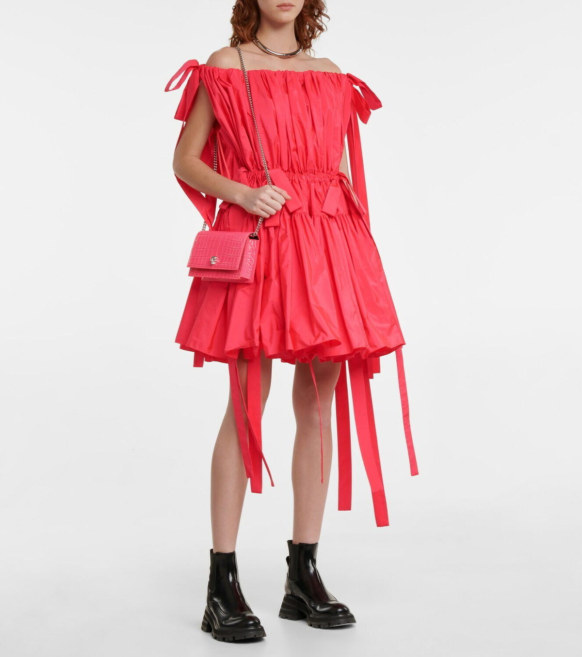 Alexander McQueen Off-shoulder polyfaille minidress