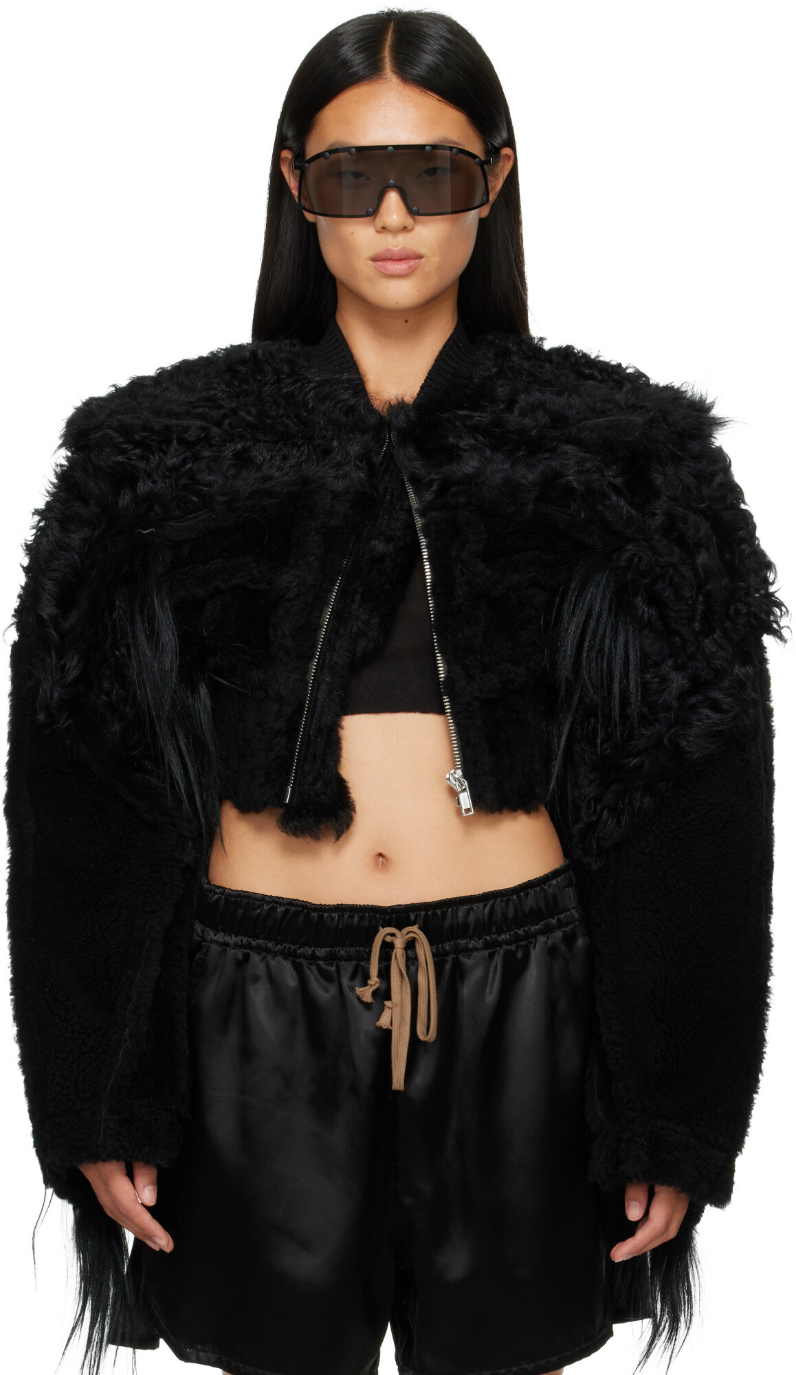 Rick Owens Black Tower Collage Cropped Shearling Bomber Jacket