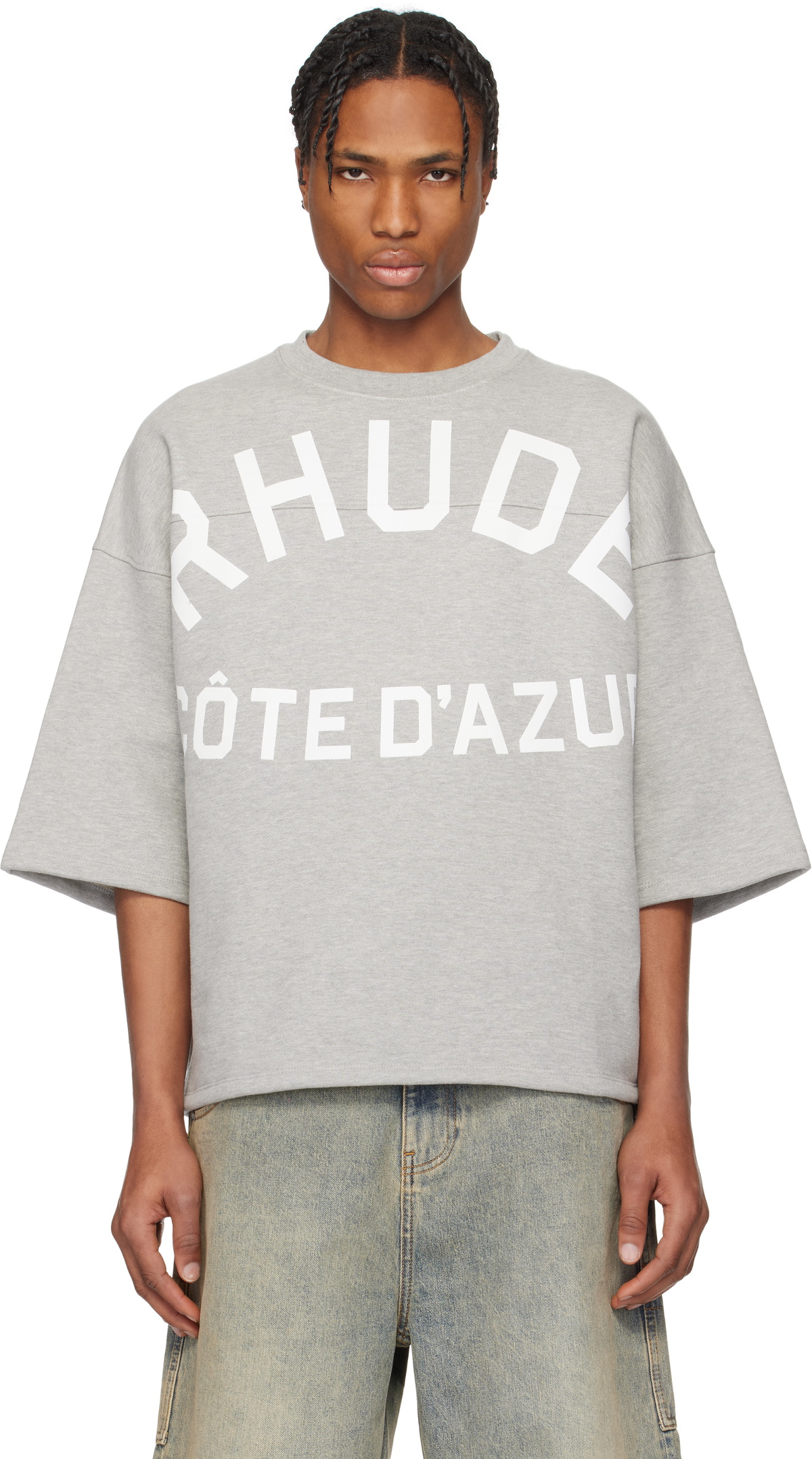 Rhude Gray 'Côte D'Azur' Mid-Sleeve Boxy T-shirt Rhude