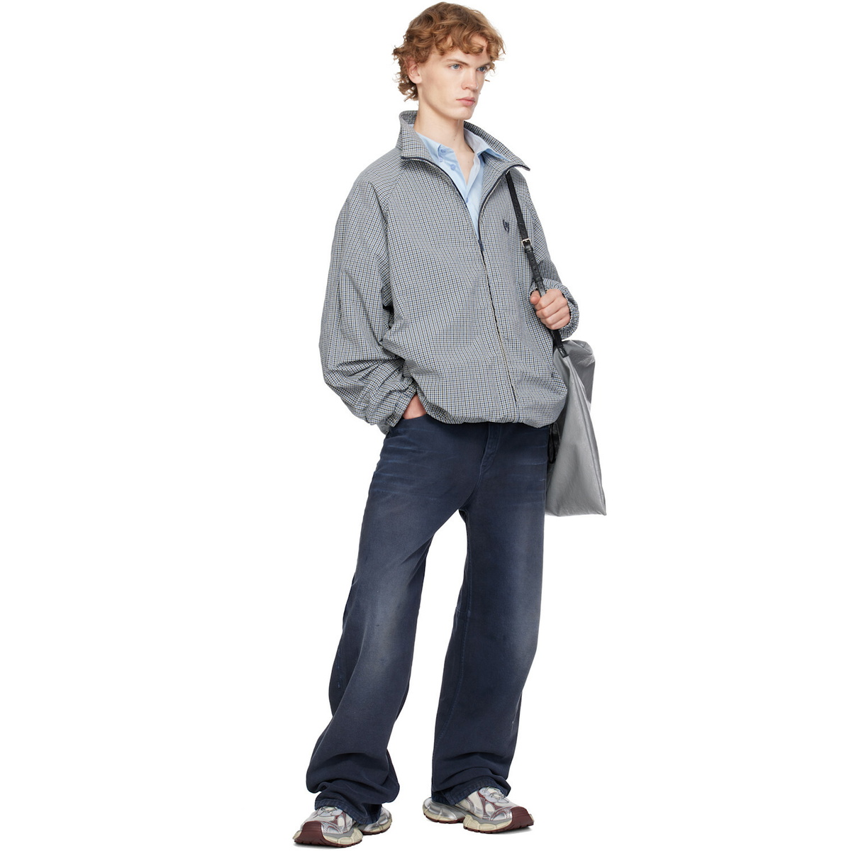 Balenciaga Blue & Beige Cotton Linen Check Zip-Up Jacket