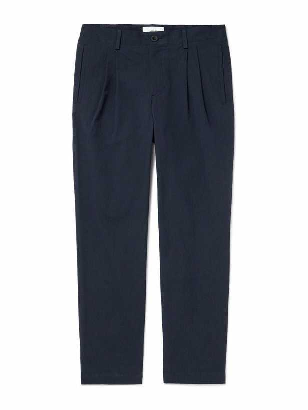 Photo: Mr P. - Steve Straight-Leg Pleated Organic Cotton-Blend Seersucker Trousers - Blue