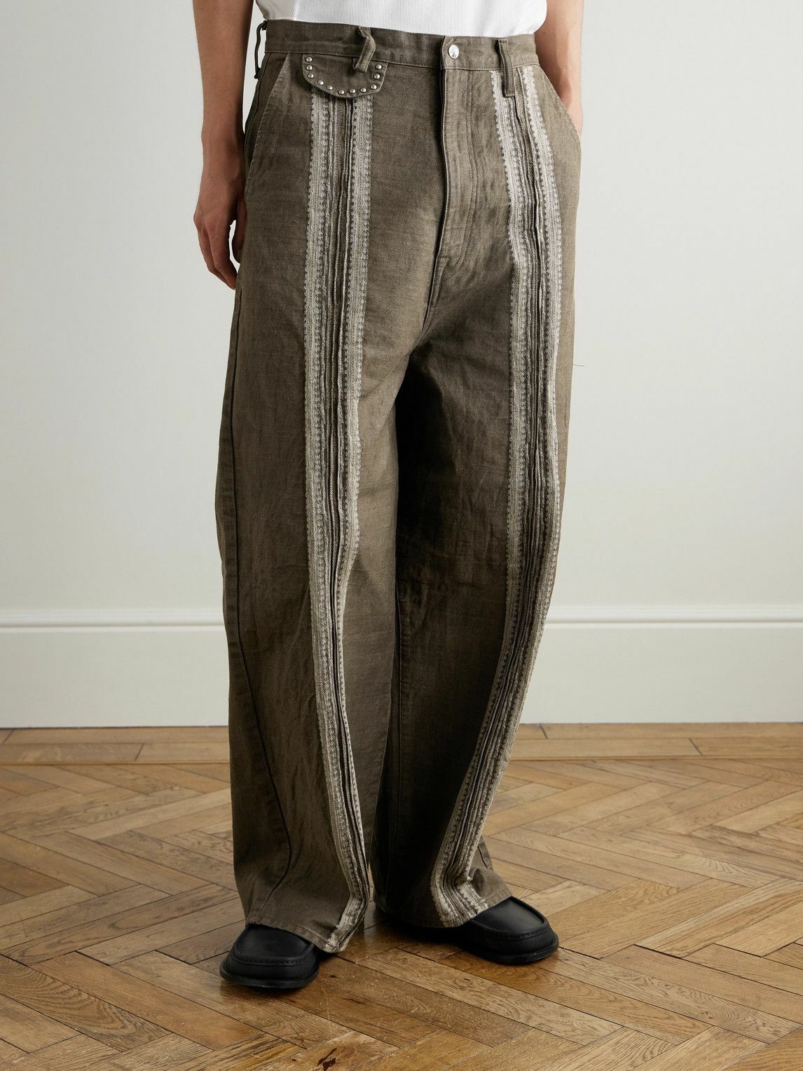 KAPITAL - Wide-Leg Studded Jacquard Jeans - Green KAPITAL