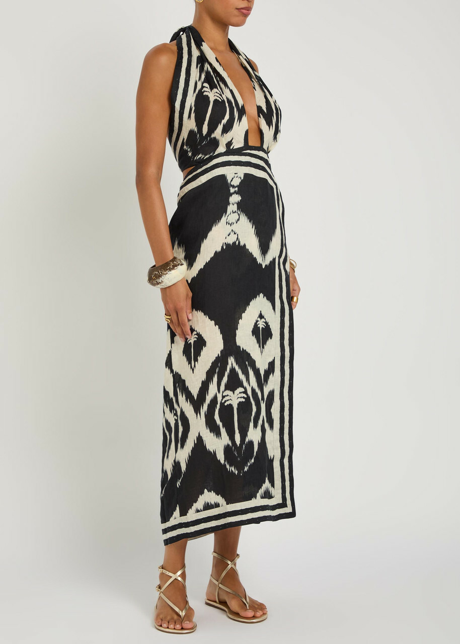Johanna Ortiz Buen Viento Halterneck Linen Midi Dress Black