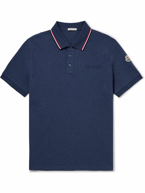 Photo: Moncler - Logo-Embossed Contrast-Tipped Cotton-Piqué Polo Shirt - Blue