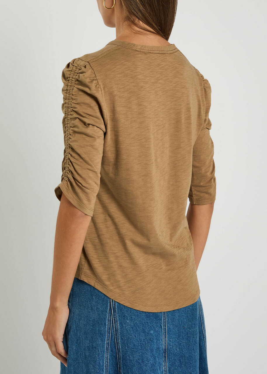 Veronica Beard Waldorf Ruched Slubbed Cotton T-shirt Light Tan