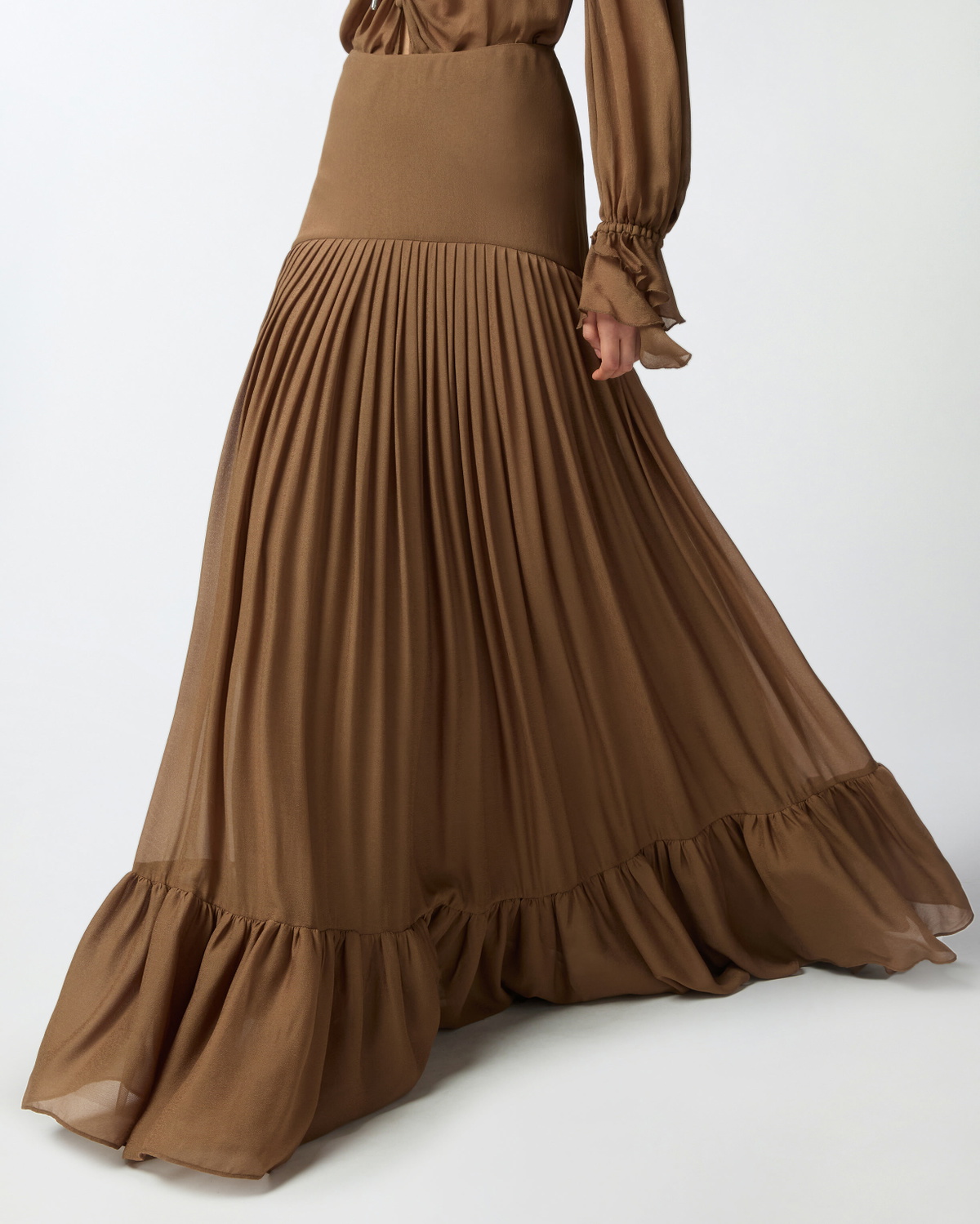Pinko Long Frilly Skirt In Viscose Georgette Brown Acorn