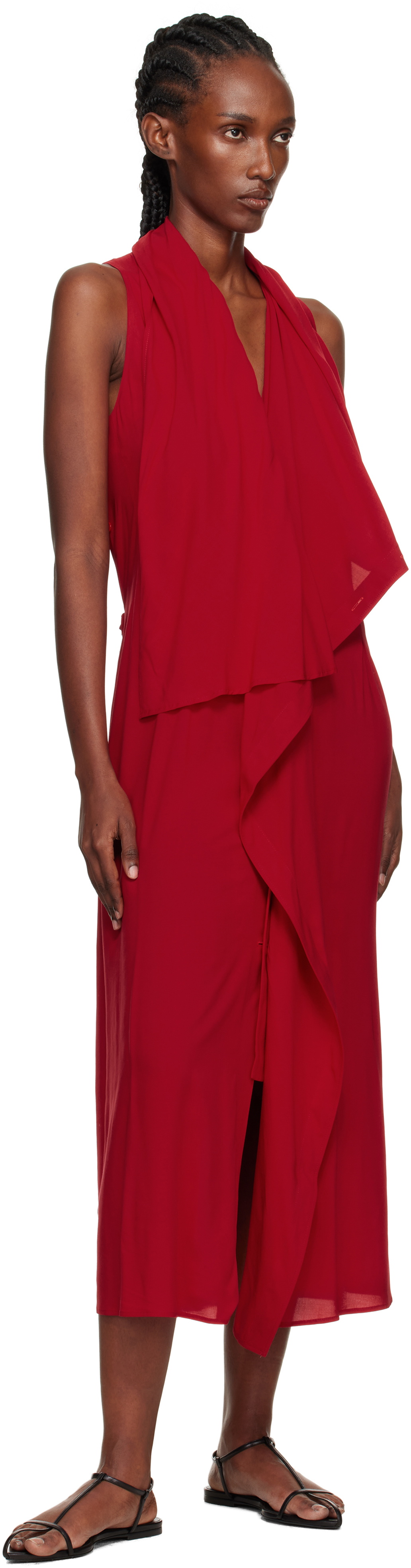 YOHJI YAMAMOTO Red Lawn Long Draped Sleeveless Maxi Dress