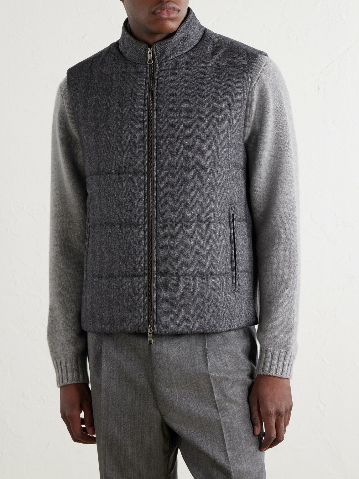 N.PEAL - Belgravia Quilted Herringbone Woven Wool, Silk and Cashmere-Blend Twill Gilet - Gray