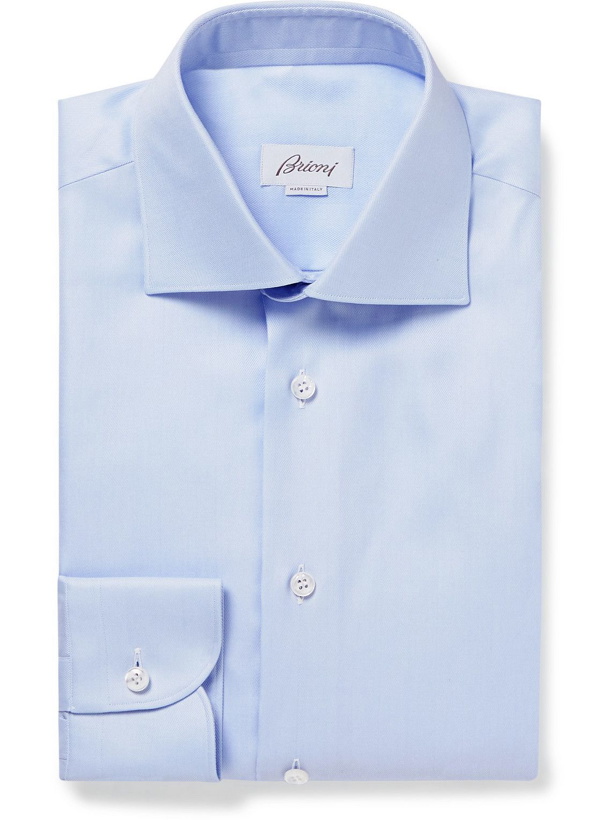 Photo: Brioni - William Slim-Fit Cutaway-Collar Herringbone Cotton Shirt - Blue