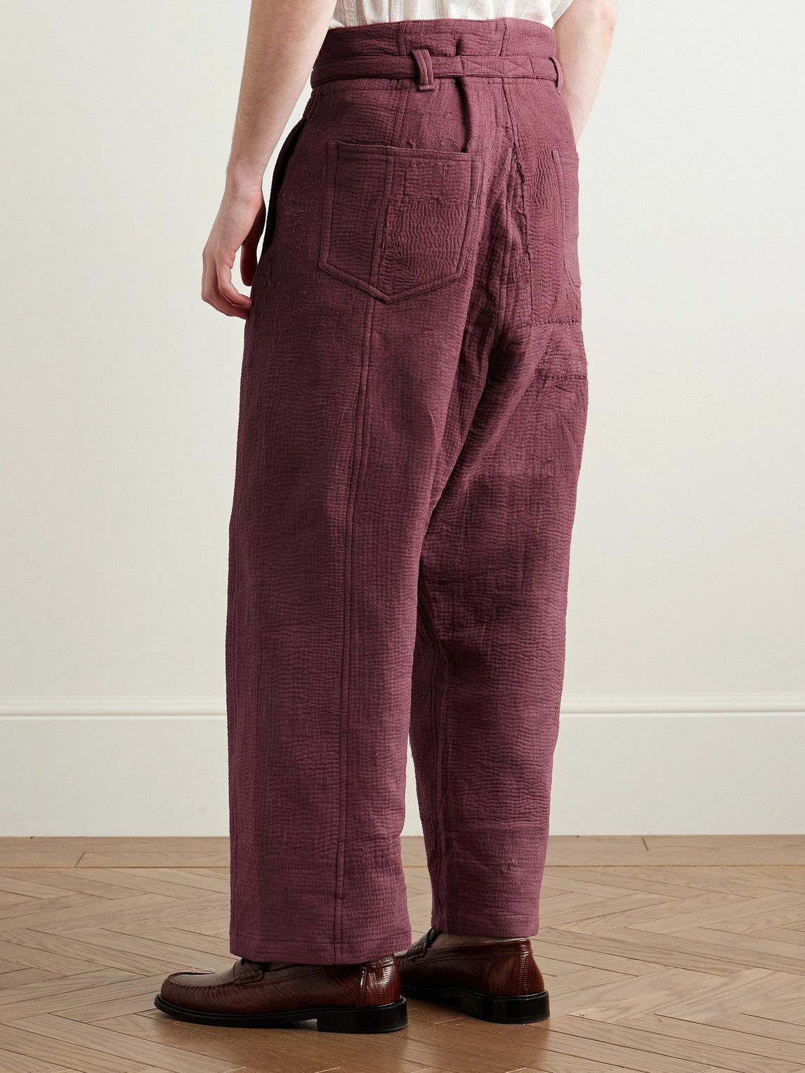 Kartik Research - Judo Belted Upcycled Textured-Cotton Trousers - Burgundy