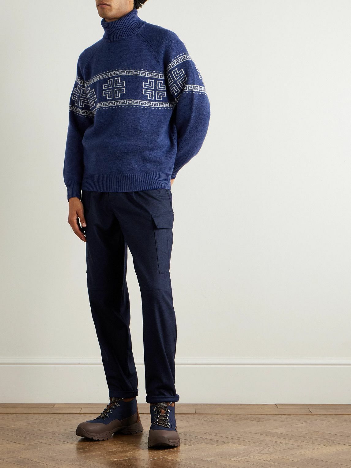 Brunello Cucinelli - Intarsia-Knit Cashmere Rollneck Sweater - Blue