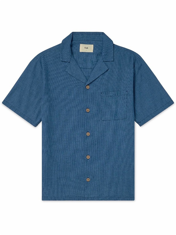 Photo: Folk - Camp-Collar Houndstooth Linen and Cotton-Blend Shirt - Blue
